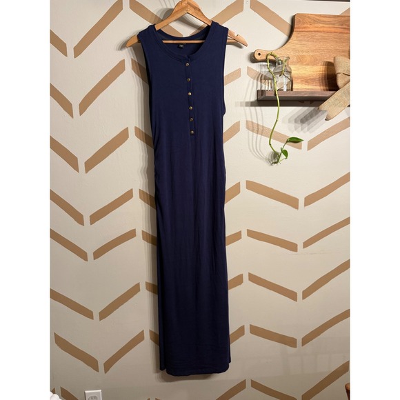Boston Proper Dresses & Skirts - Boston Proper Maxi Dress Womens Size M Navy Blue Ribbed Henley Slit 224110038